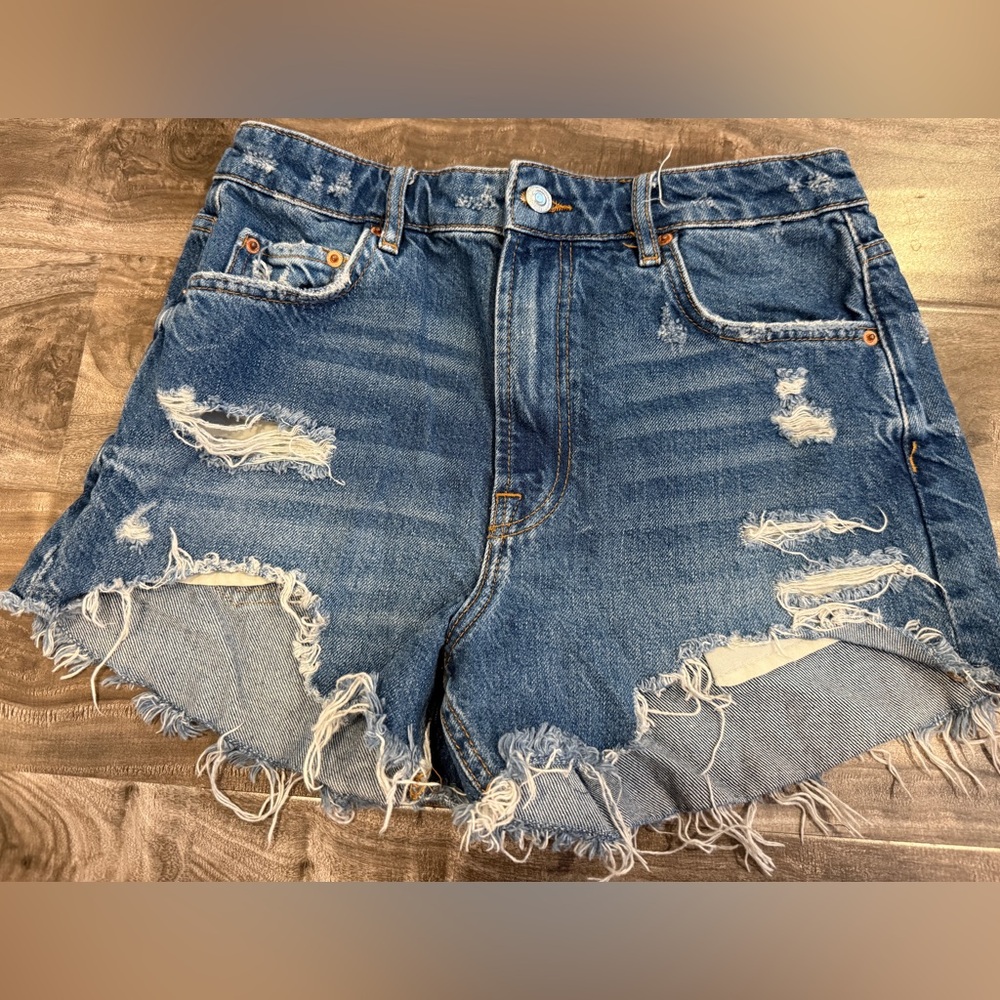 ZARA High Waist Distressed Denim Shorts